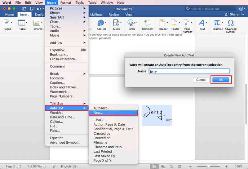how to add a signature to excel for mac